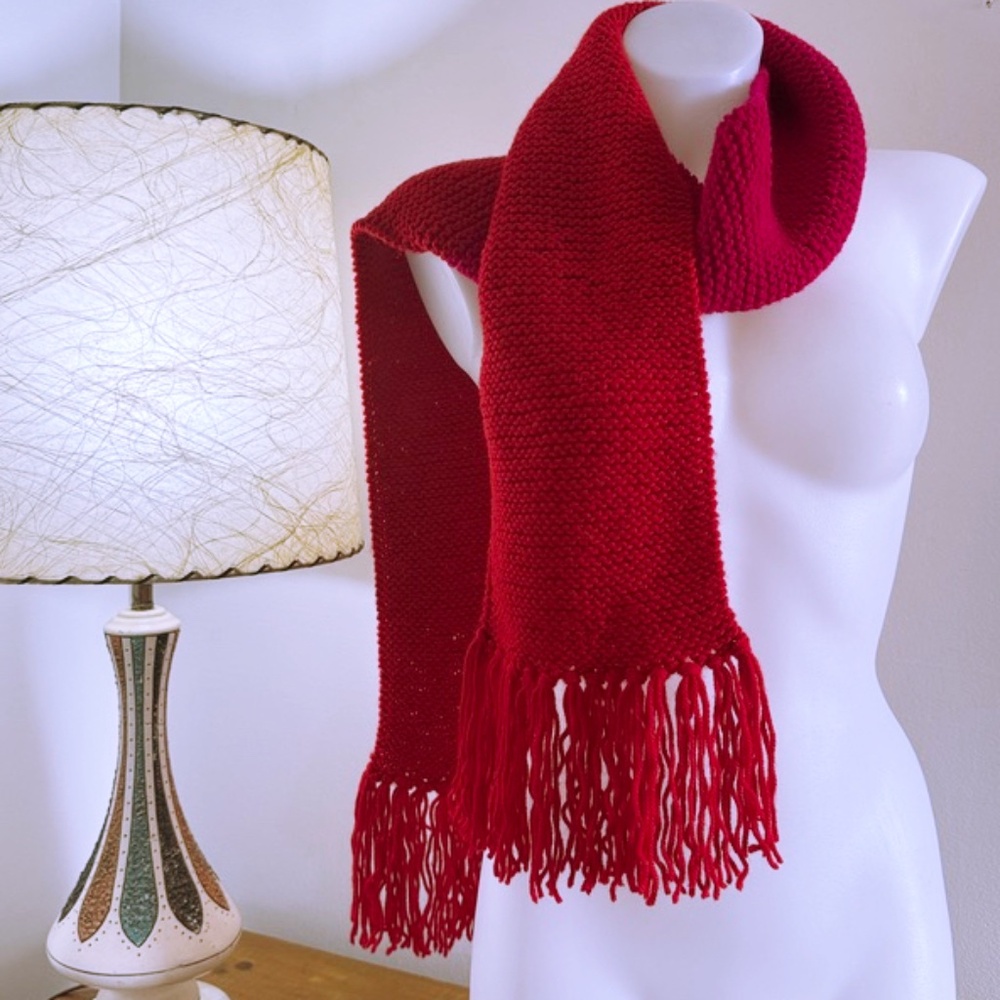 'Red hot fuchsia pink,' color-block hand-knit scarf NWOT